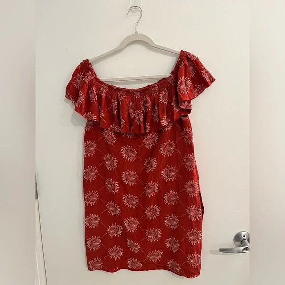 Madewell 100% Silk Red Palmflower Pattern Off The Shoulder Dress, Size L - Picture 6 of 6
